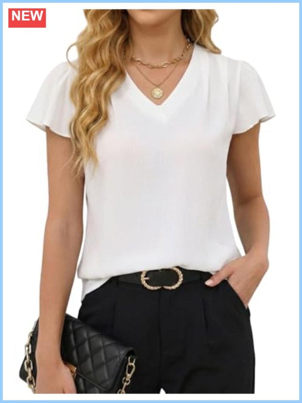 Womens Business Casual Dress Shirt Ruffle Sleeve V Neck Work Top